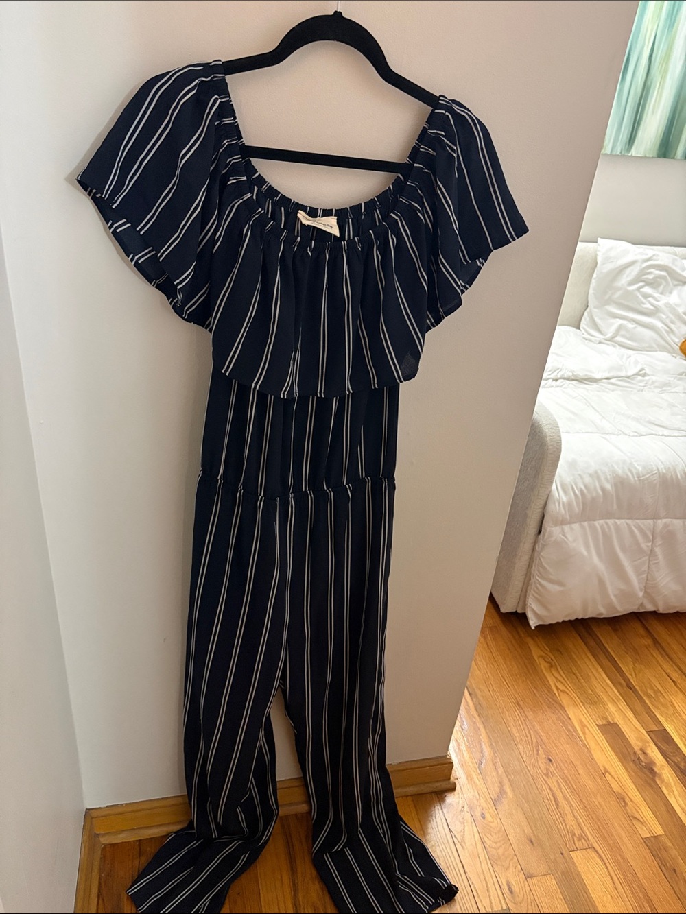 Navy Striped Off-Shoulder Jumpsuit